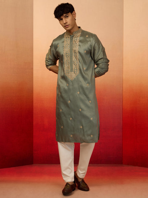Men's Mint Green Resham Embroidered Silk Kurta